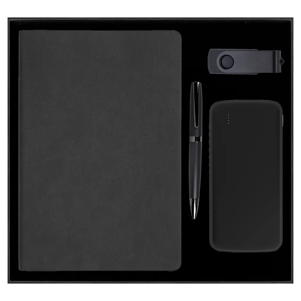 Набор подарочный Solution Prestige Quadro (ежедневник, флешка, внешний аккумулятор, ручка), черный, черный