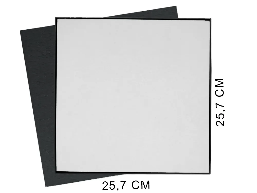 Коробка подарочная Solution Superior Alfa Linen под индивидуальную вырубку, серебро, 25,7x25,7x2,8 см, бежевый ложемент, черный 5, бумага под ткань
