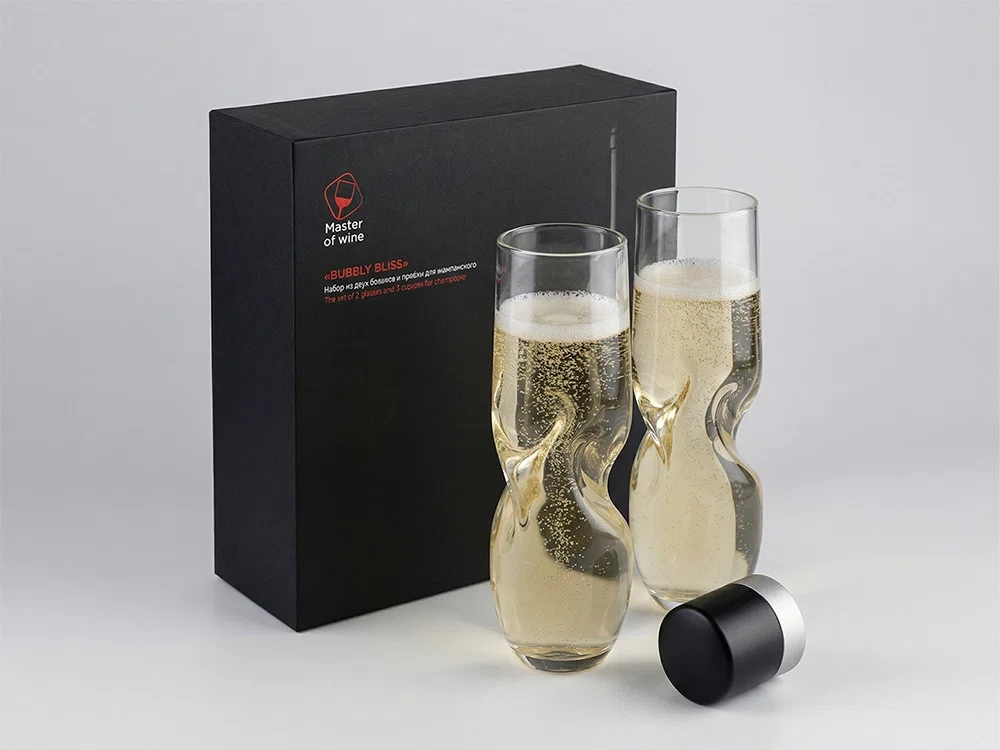 Набор из двух бокалов и пробки для шампанского Bubbly Bliss, черный, прозрачный