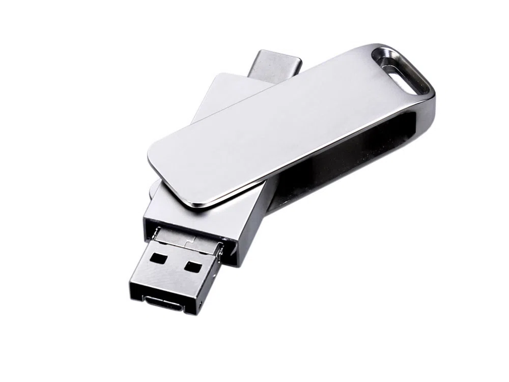 USB 2.0-флешка на 64 Гб 3-в-1 с разъемами Micro USB и USB-C, серебристый